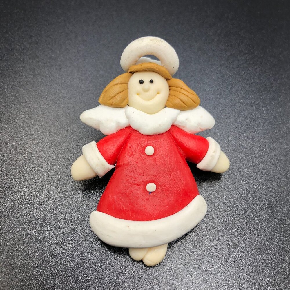 Vintage Angel Brooch Pin Clay Red White Halo